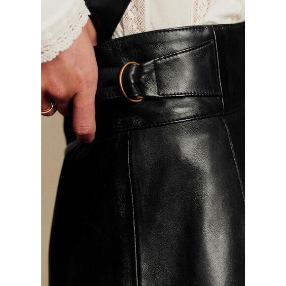 NWT Sezane Yasmine Black Leather Midi A Line Skirt sz 4 US high rise - Picture 3 of 12